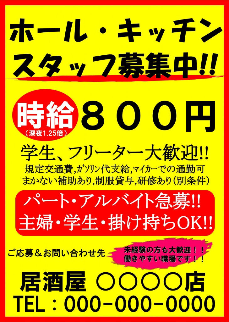 ホール・キッチンスタッフ募集（看板用）POPテンプレート